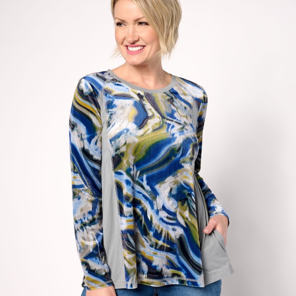 LOGO by Lori Goldstein Sz L Printed Velour Scoop Neck Pieced Top Glacier Grey